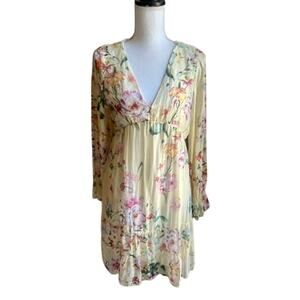 NWT Bellambra yellow floral tiered silk blend mini dress size M